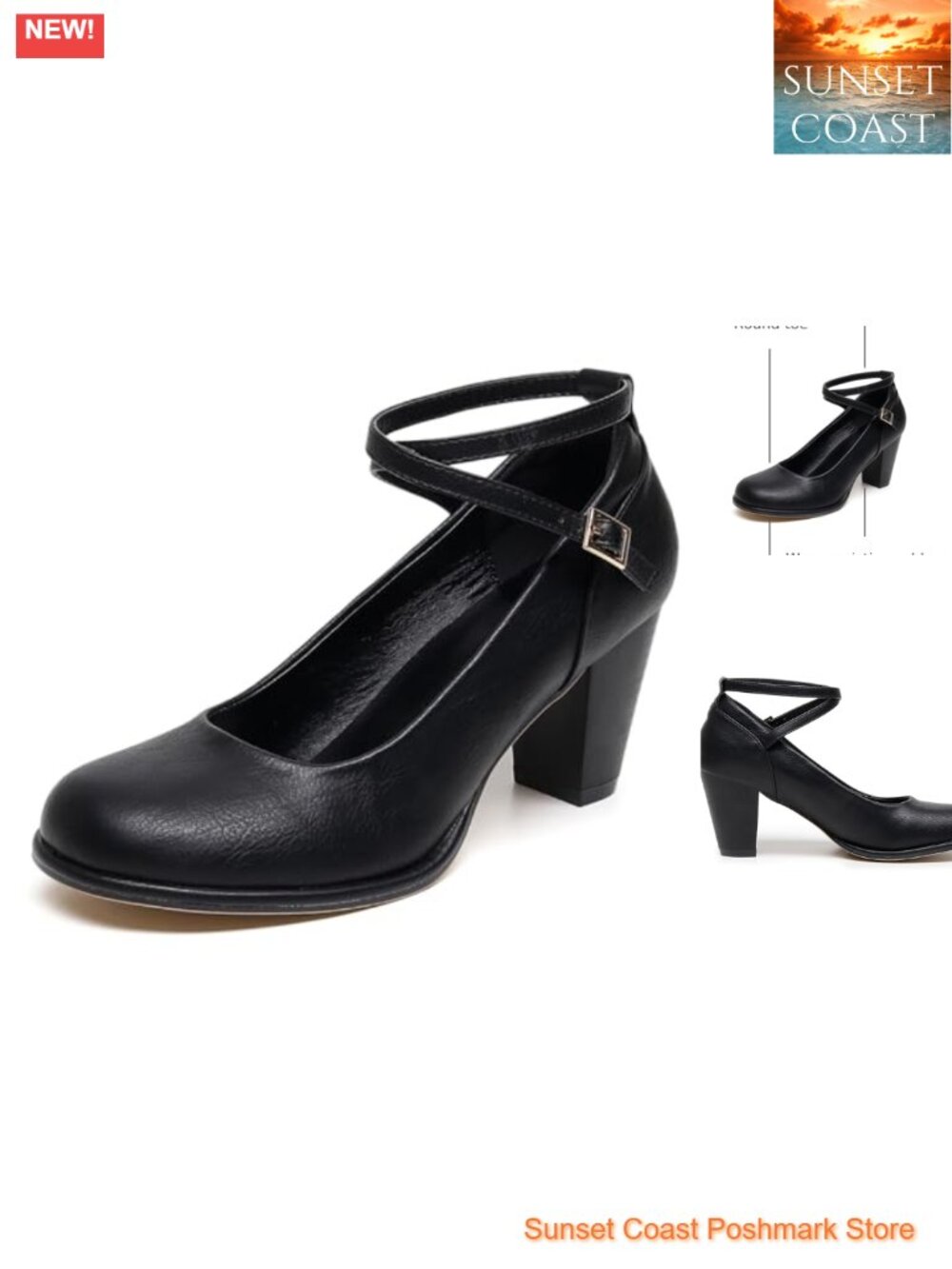 VenusCelia Women's Chunky Heel Pump with Ankle Strap & Buckle, Round Toe Dress